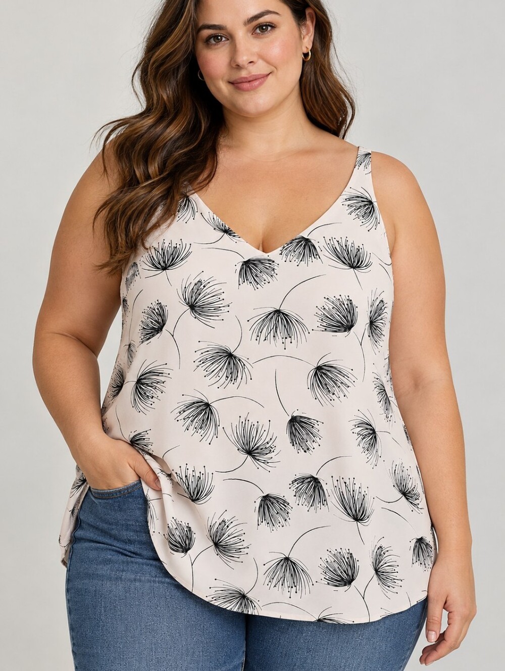 Reitmans | Blush Pink & Black Dandelion Print Sleeveless Blouse